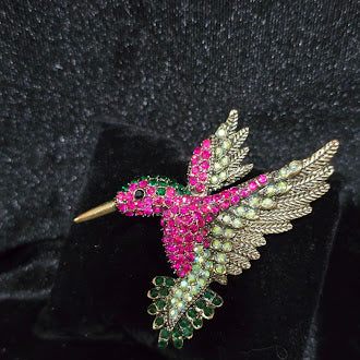 Gold-tone hummingbird brooch with pink, green and clear rhinestones, view 2