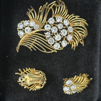 Lisner Gold Tone Rhinestone Floral Spray Brooch and Clip On Earrings Set Vintage Costume Jewelry