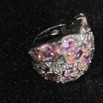 Sterling Silver Pink & White CZ Star Cluster Dome Ring | Pavé Statement Cocktail Ring