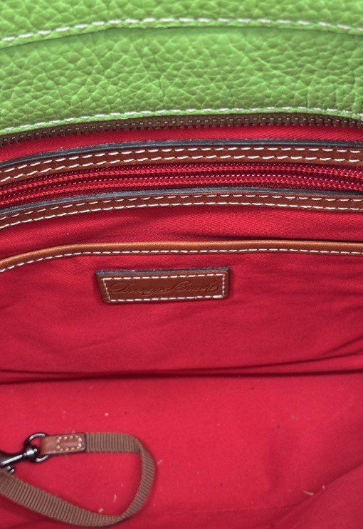 Dooney and Bourke green pebbled leather tote with brown straps and red lining, view 6