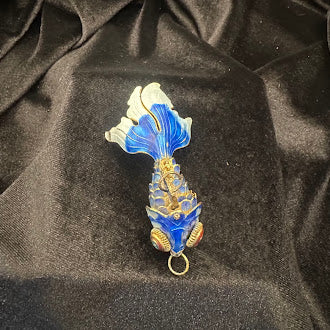 Blue Enamel Cloisonne Articulated Fish Pendant Gold Tone Wirework Detail