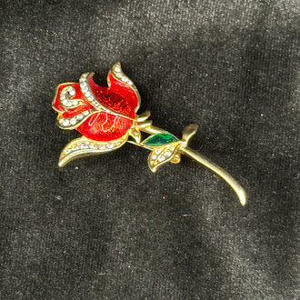 Signed Angel gold-tone long stem rose brooch with red enamel petals and clear rhinestones, view 2