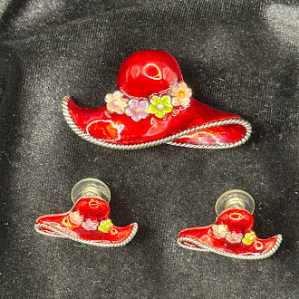 Mj Red Enamel Hat Brooch And Earrings Set Gold Tone Flower Accent Ladies Hat Pin Signed