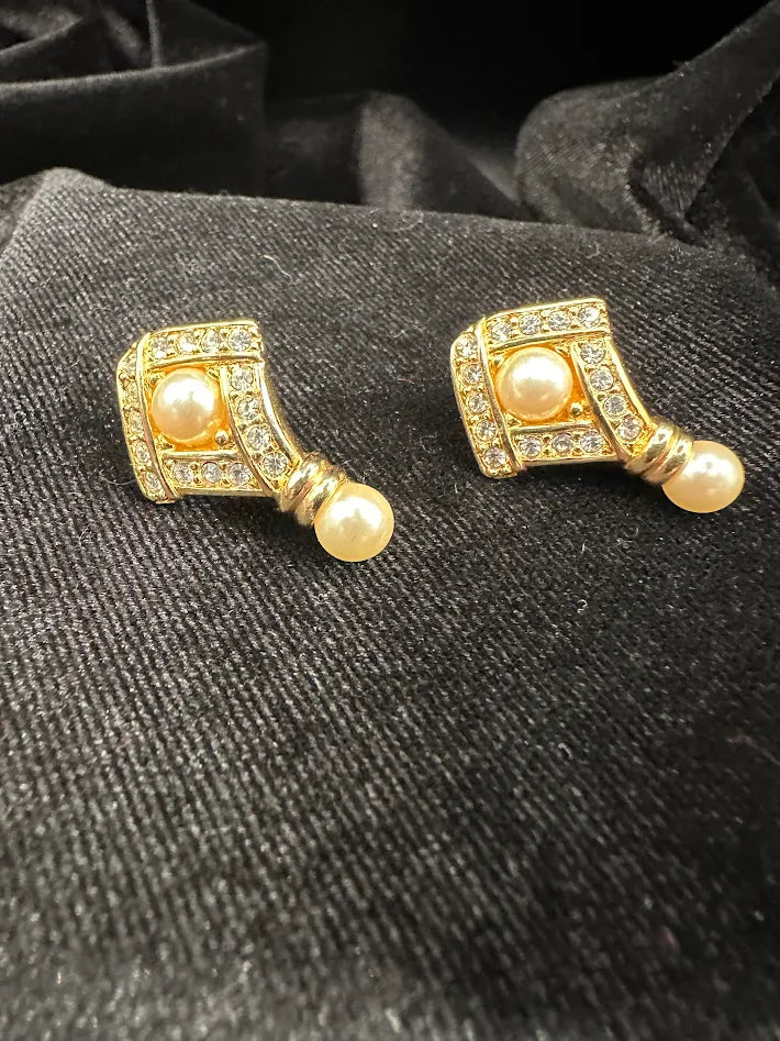 Swarovski Crystal Faux Pearl Drop Earrings Gold Tone Geometric Dangle Vintage Signed