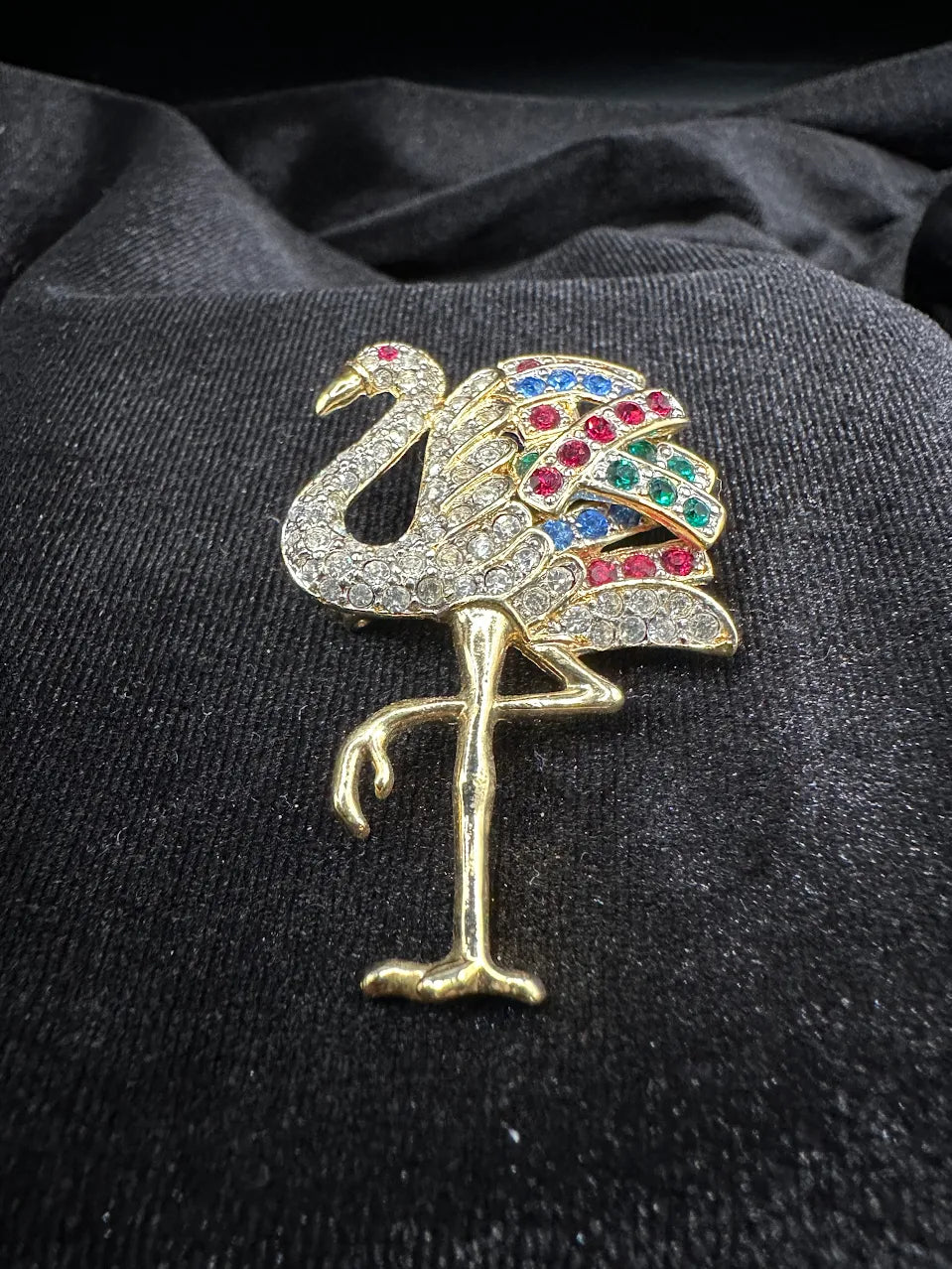 Gold Tone Multicolor Crystal Flamingo Brooch