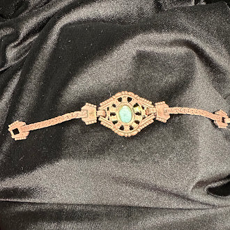 Goldette Victorian Revival Bracelet Turquoise Cabochon & Pearl Ornate Vintage Link Bracelet