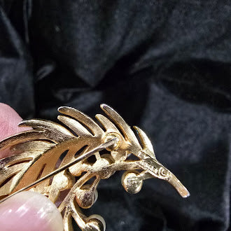 Crown Trifari gold-tone leaf and fern spray brooch with faux pearl cluster, view 6