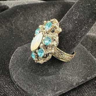 Vintage Style Turquoise Blue Crystal Cluster Ring with Oval White Center Stone | Silver Tone Filigree Statement Ring