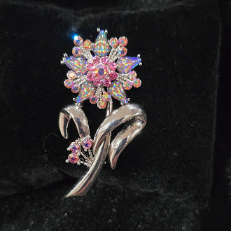 Vintage Silver Tone UV Reactive Flower Brooch with Multi-Colored Rhinestones, Aurora Borealis Sparkle, Retro Floral Statement Pin