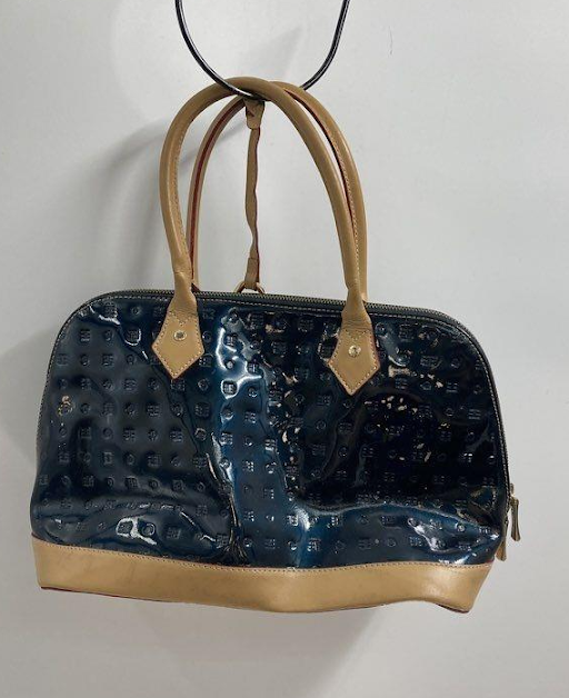 Arcadia Italian Patent Leather Satchel, Blue Embossed Dome Bag with Tan Trim