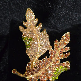 Vintage KJL Kenneth Jay Lane Gold Tone Leaf Brooch with Orange Green Rhinestones Statement Pin