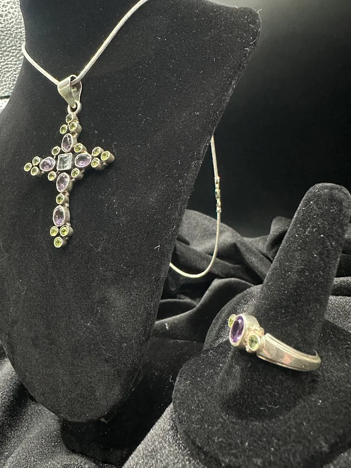 925 Sterling Silver Amethyst Peridot White Topaz Cross Pendant Necklace Ring Set Vintage Gemstone Jewelry