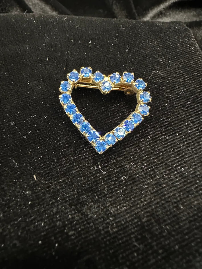 Gold-tone open heart brooch set with blue rhinestones, view 2
