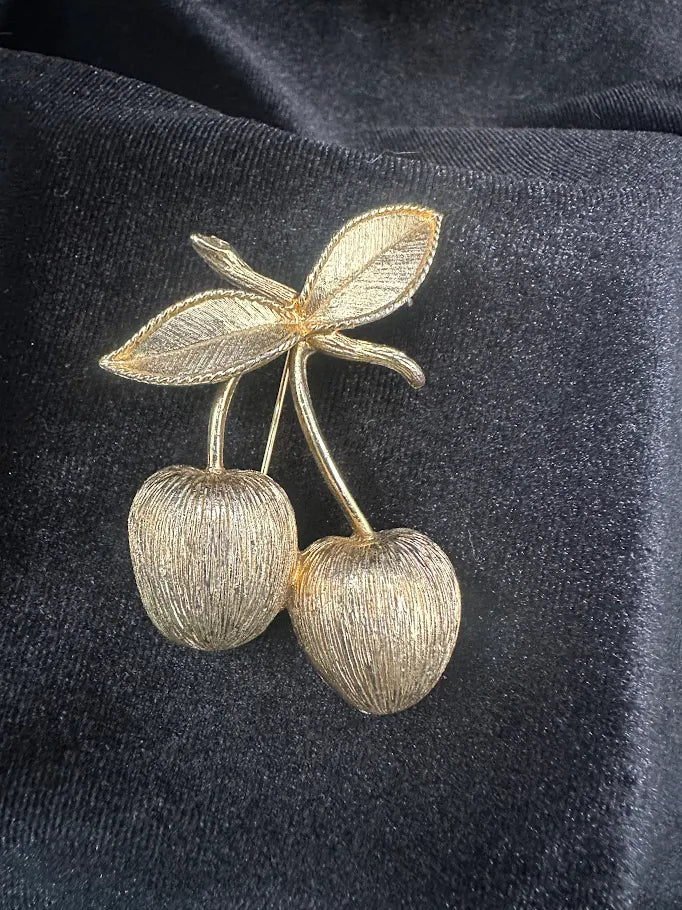 Gold-tone cherry brooch with textured fruit and leaf, view 5