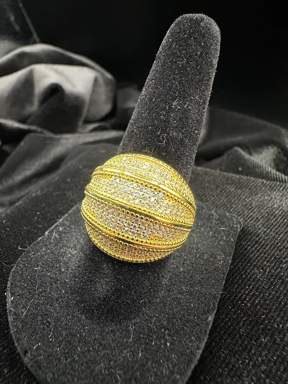 Gold Tone Dome Statement Ring with Crystal Stripe Detail