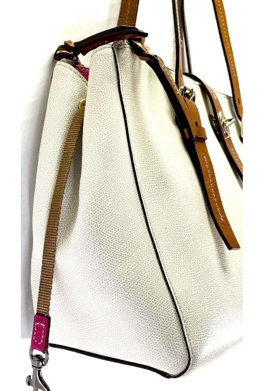 White pebbled leather tote with tan leather trim and colorful chevron lining, view 5