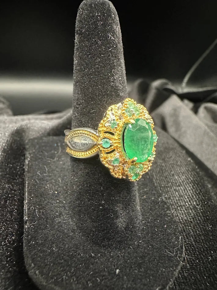 Sterling Silver 925 & 14K Emerald Ring Large Oval Green Stone Halo Statement Ring Size 6