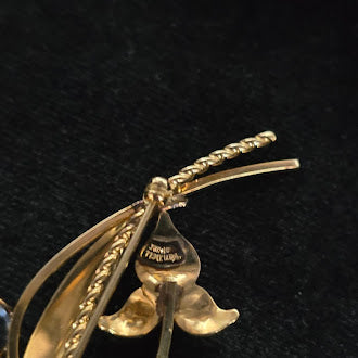 Signed Van Dell floral brooch and screw-back earrings with blue rhinestones and faux pearls, view 6
