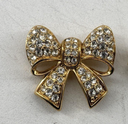 Gold-tone ribbon bow brooch with clear pavé crystals, view 2
