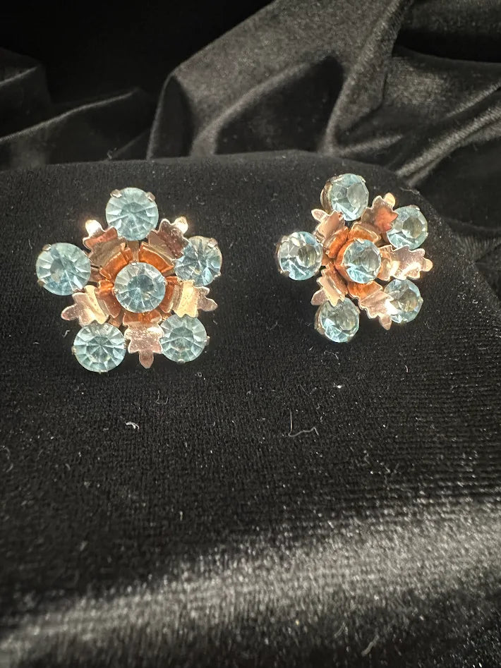 Gold-tone floral cluster screw back earrings with blue faceted crystals, view 2