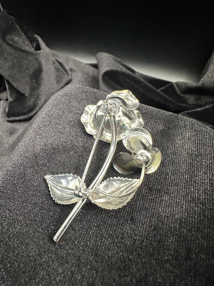 (SOLD) Silver Tone Rose Brooch | Vintage Dimensional Floral Stem Pin