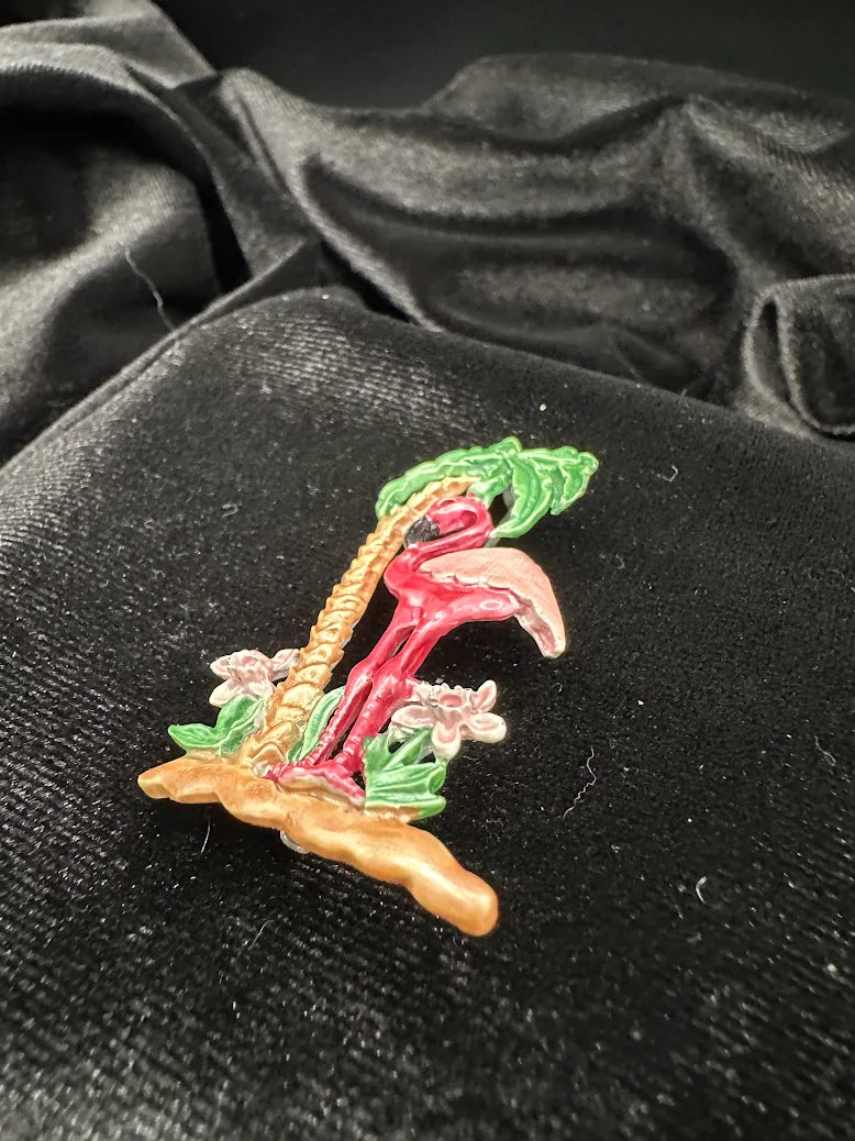 Vintage Pink Flamingo Brooch Tropical Palm Tree Enamel Bird Pin Florida Vacation Style