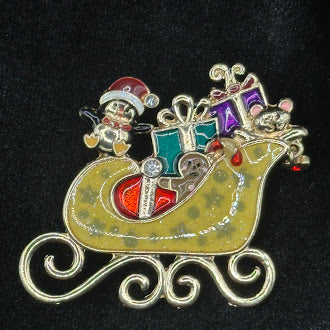 Gold-tone Santa in sleigh Christmas brooch with colorful enamel gifts and rhinestones, view 2