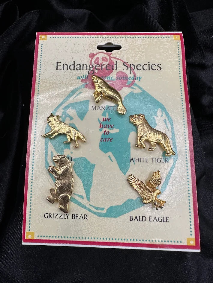 1990s Endangered Species Animal Pin Set Gold Tone Brooch Collection On Original Card