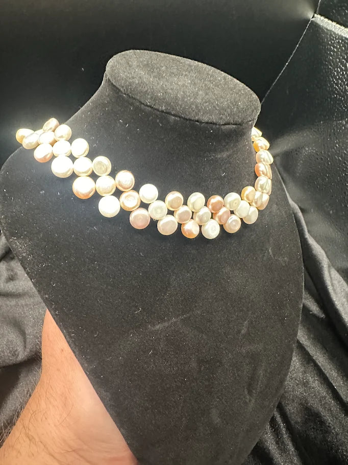 Ivory and blush coin pearl-style multi strand collar necklace, view 4