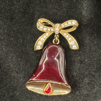 Gold-tone Christmas bell brooch with red enamel, rhinestone bow and red crystal accent, view 2