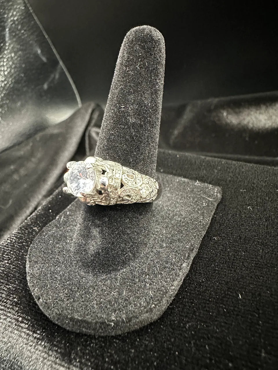 Silver Tone Clear Crystal Filigree Statement Ring Vintage Inspired Design