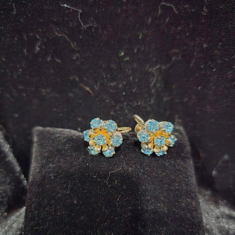 Vintage BSK Gold Tone Blue Rhinestone Bracelet and Clip Earrings Set with Floral Filigree Links, Mid Century Glam, Curated Estate Style