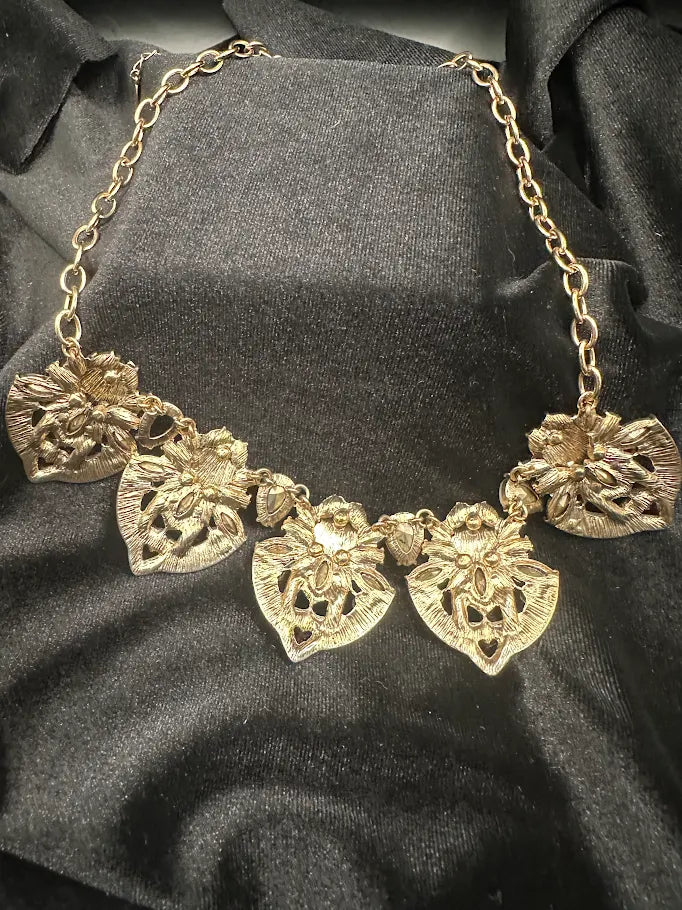 Signed Aido gold-tone floral statement necklace with clear and pale blue crystals, view 6