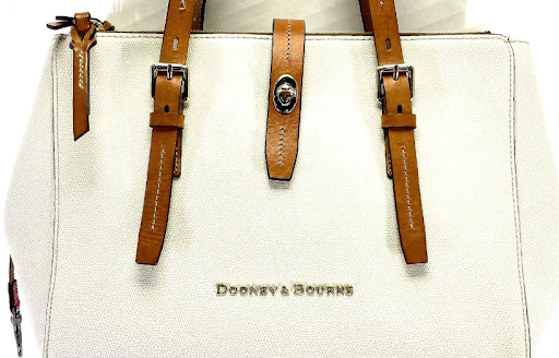 Dooney & Bourke White Pebbled Leather Tote – Tan Trim Shoulder Bag w/ Colorful Chevron Interior