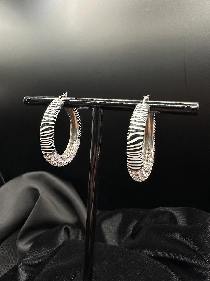 925 Sterling Silver Moissanite Pave Hoop Earrings Zebra Pattern Large Statement Hoops 1.5in 18.2g