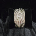 Vintage Victoria Wieck Silvertone Crystal Hidden Quartz Watch Cuff Bracelet with Pavé Sunburst Design, Glam Estate Statement Timepiece (NOT WORKING/PARTS OR REPAIR ONLY)