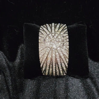 Vintage Victoria Wieck Silvertone Crystal Hidden Quartz Watch Cuff Bracelet with Pavé Sunburst Design, Glam Estate Statement Timepiece