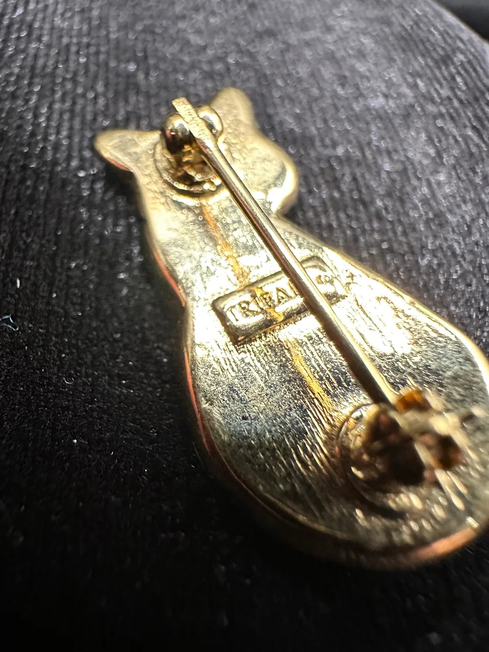 Gold-tone curled black cat brooch with clear crystal collar, view 4