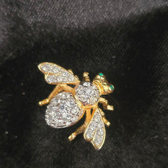 Signed Joan Rivers Gold Tone Pavé Crystal Bee Brooch with Green Rhinestone Eyes, Designer Insect Pin