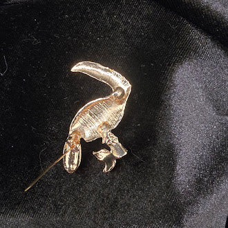 (SOLD) Gold tone enamel toucan brooch colorful tropical bird on branch pin