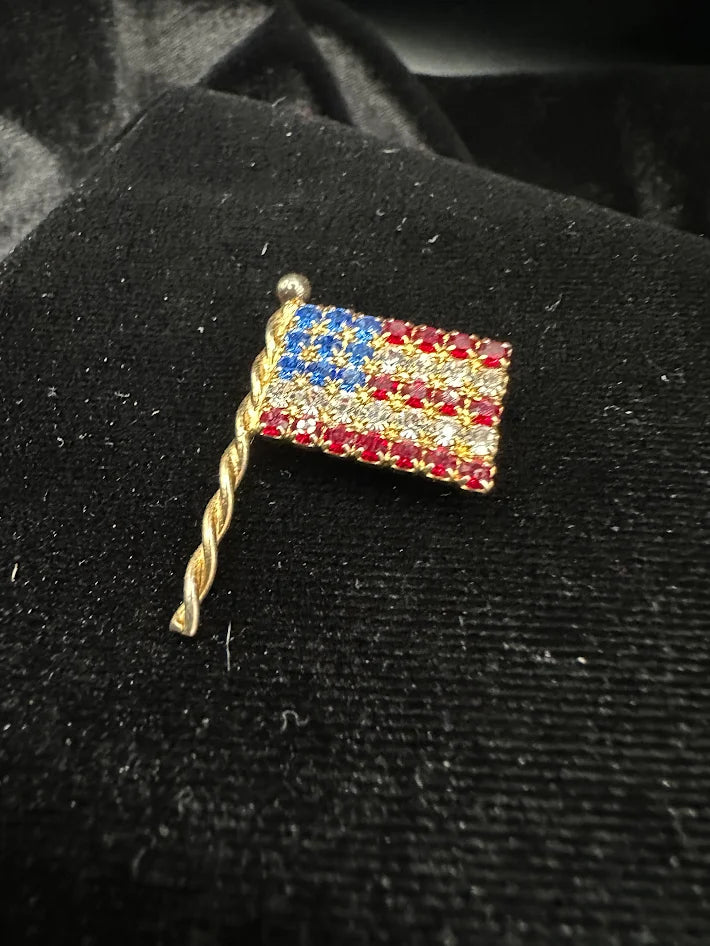 Signed Eisenberg Ice gold-tone American flag brooch with red, clear and blue crystals, view 2