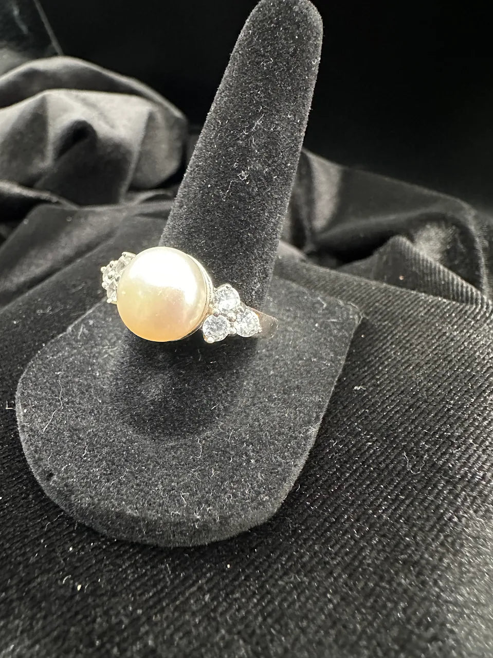 Silver Tone Pearl and Crystal Accent Ring