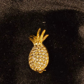 Gold Tone Rhinestone Pineapple Brooch Small Fruit Pin With Pave Crystals