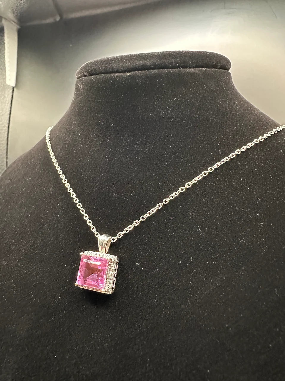 925 Sterling Silver Pink Topaz Pendant Necklace Square Halo Design