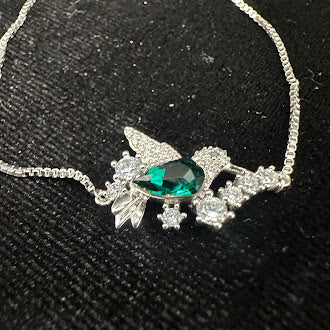 S925 Sterling Silver Green Crystal Bird Bracelet Adjustable Slider Chain Design