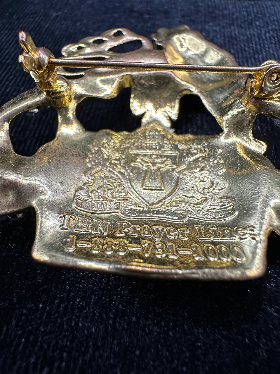 Gold-tone ornate crown brooch topped with a lion, set with clear and purple crystals, view 6