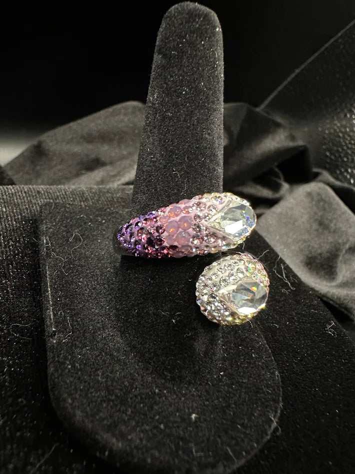 Swarovski silver-tone wrap ring with graduated pink and purple pavé crystals, view 4