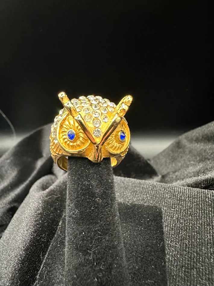 Gold-tone owl face ring with blue rhinestone eyes and clear crystal accents, view 3