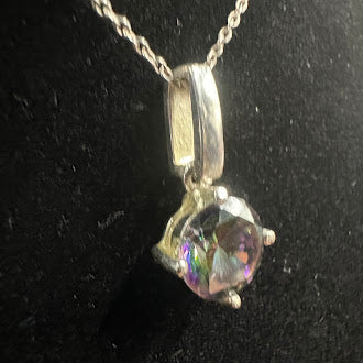 925 Sterling Silver Mystic Topaz Pendant Necklace 16” Round Cut Rainbow Crystal Solitaire
