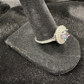 Sterling Silver Peacock Quartz Halo Ring with Cubic Zirconia Size 7.5